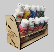 Load image into Gallery viewer, Set of paint bottles in a wooden holder with 'ABR' branding.
