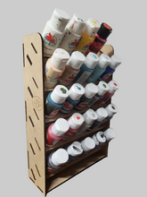 Load image into Gallery viewer, Wooden bottle holder with various colored bottles on a plain background
